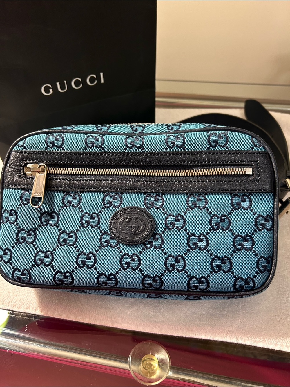 Gucci Turquoise GG Canvas Crossbody Bag with Black Trim